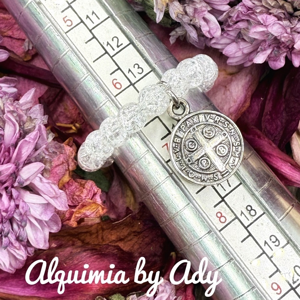 Saint Benedict White quartz and silver charm Ring